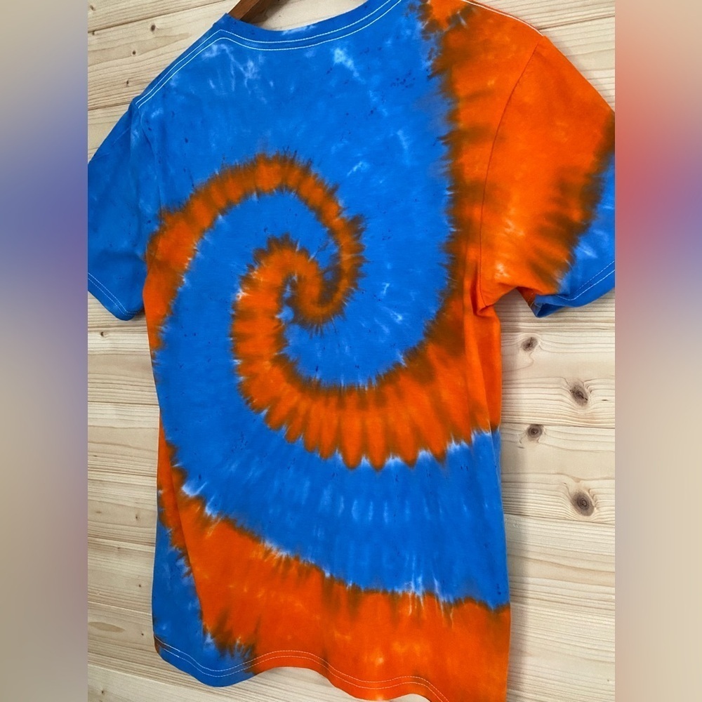 Small Unisex GILDAN Soft Style Blue Orange Spiral Tie-Dye Unique Handmade TShirt - Picture 5 of 8